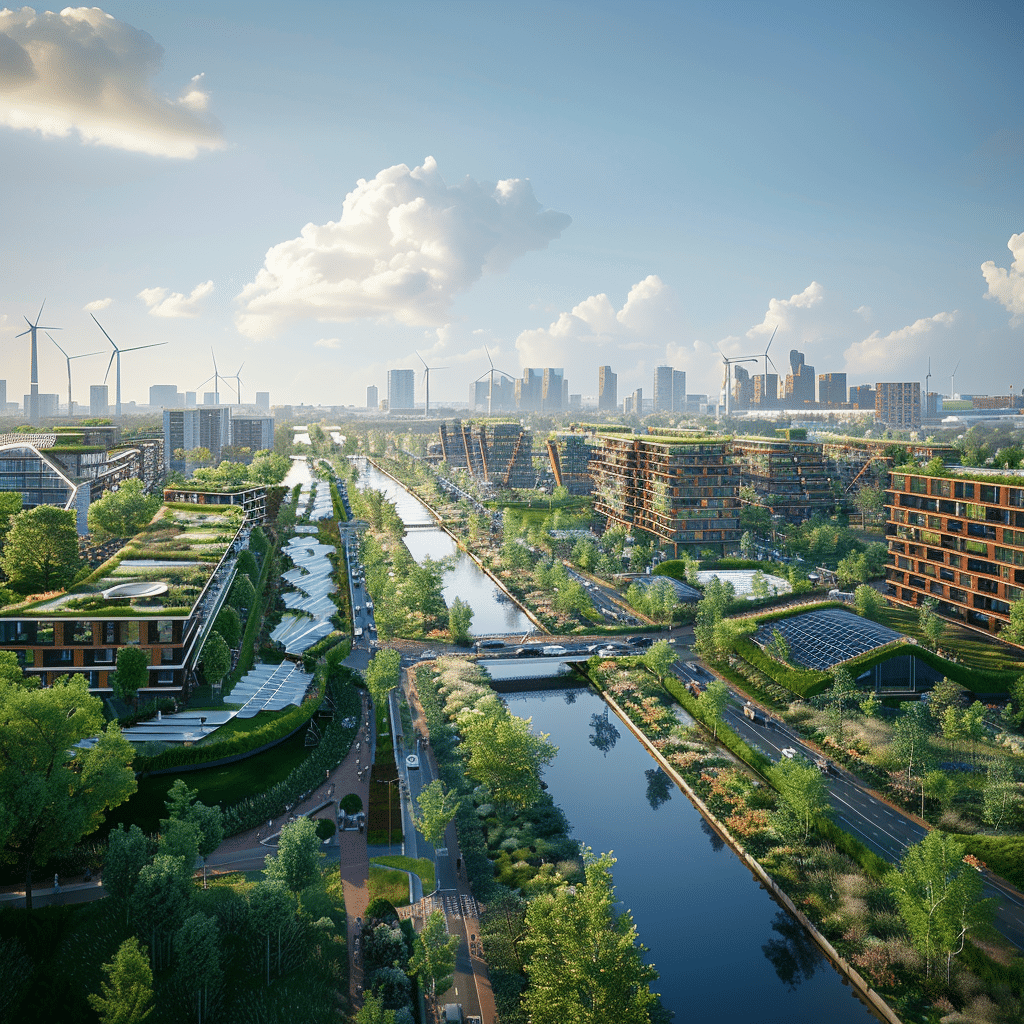 Toekomstbestendige stad met veel groen en een kanaal.