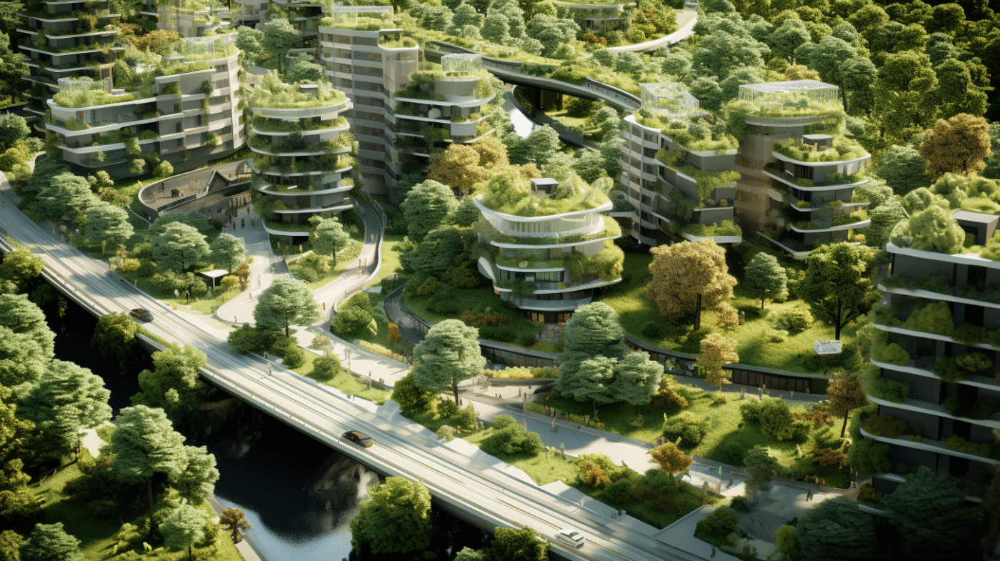 Groene stedelijke wijk met moderne, organisch gevormde gebouwen omringd door veel bomen en natuur, met een weg en brug door het landschap.