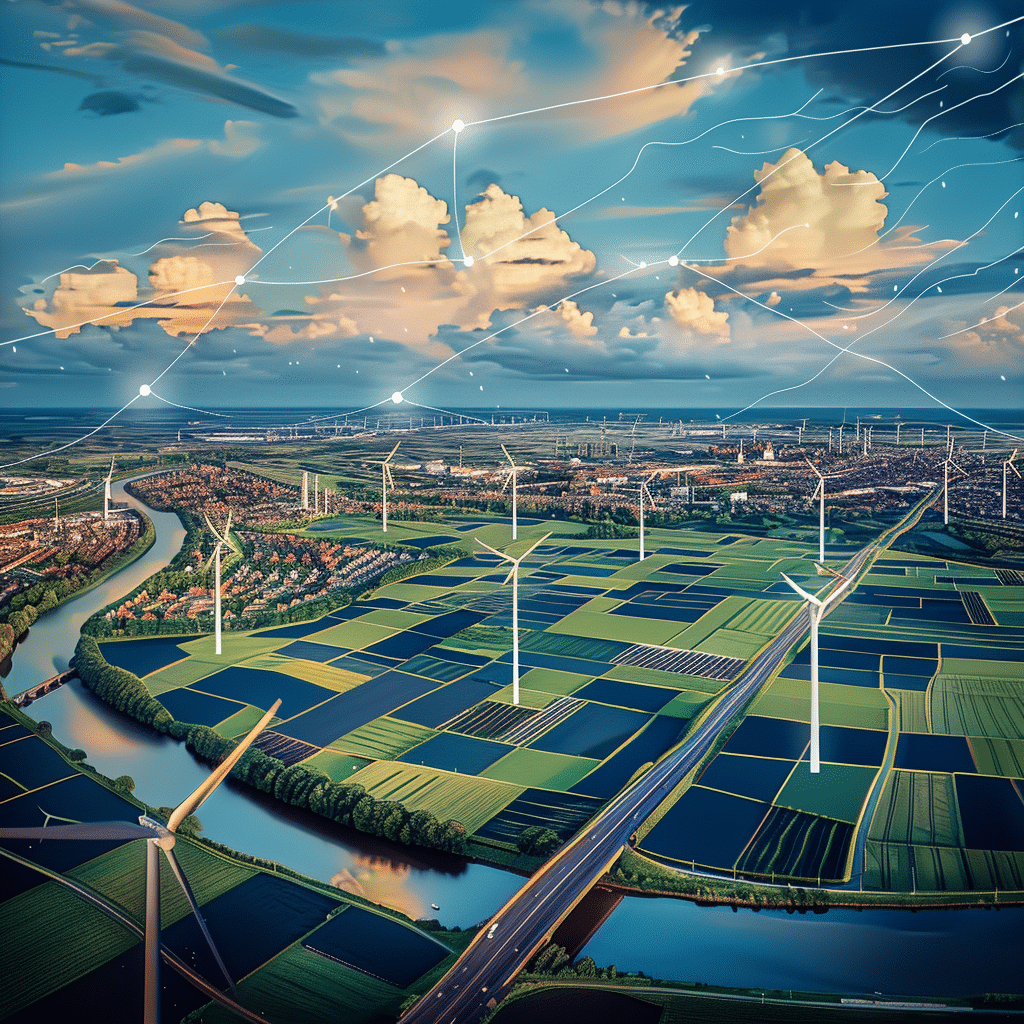 Landschap van een integraal netwerk van energiesystemen met windmolens en zonnepanelen.