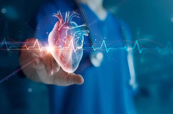 Cardiologist doctor examine patient heart functions and blood vessel on virtual interface. Medical technology and healthcare treatment to diagnose heart disorder and disease of cardiovascular system.