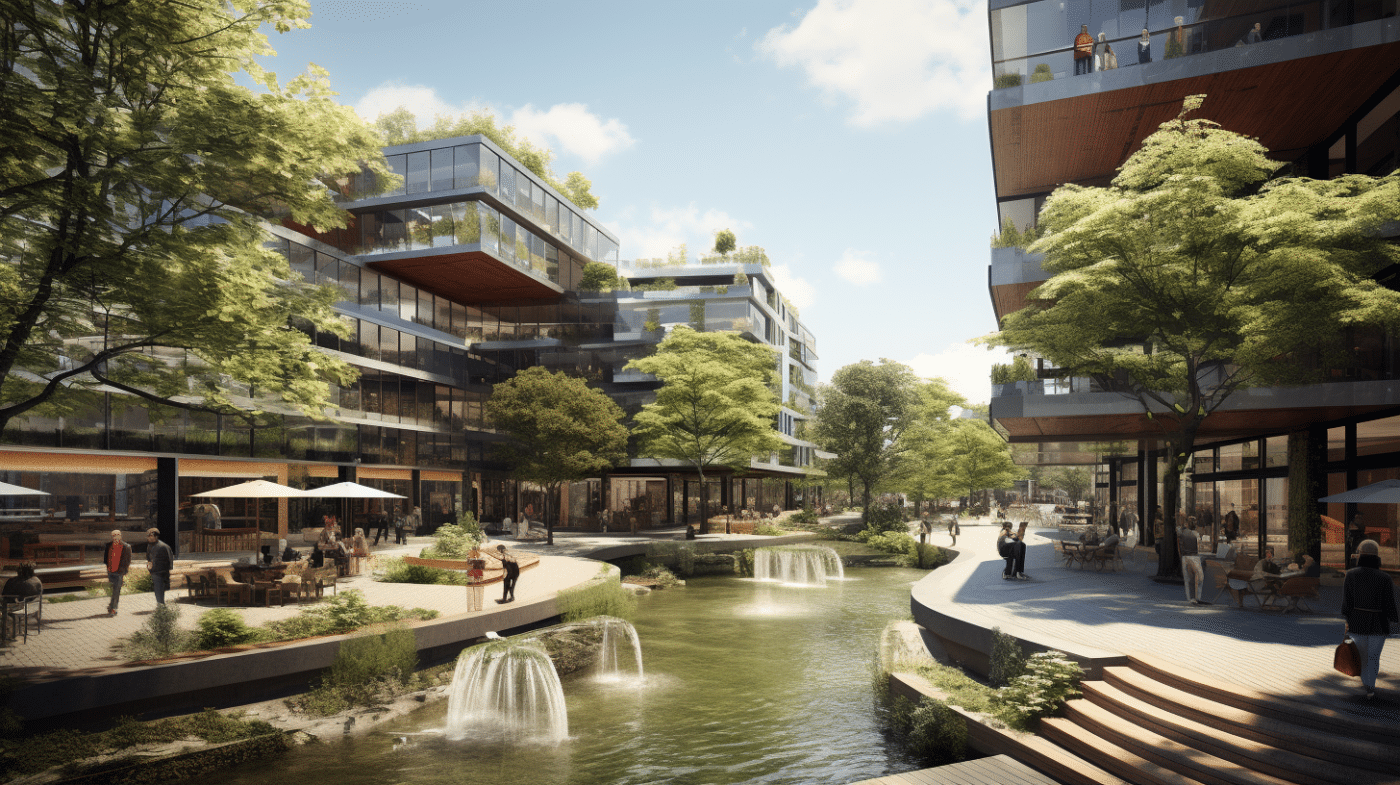 Moderne stedelijke omgeving met gebouwen, bomen, terrassen en een rustige waterpartij met kleine fonteinen.
