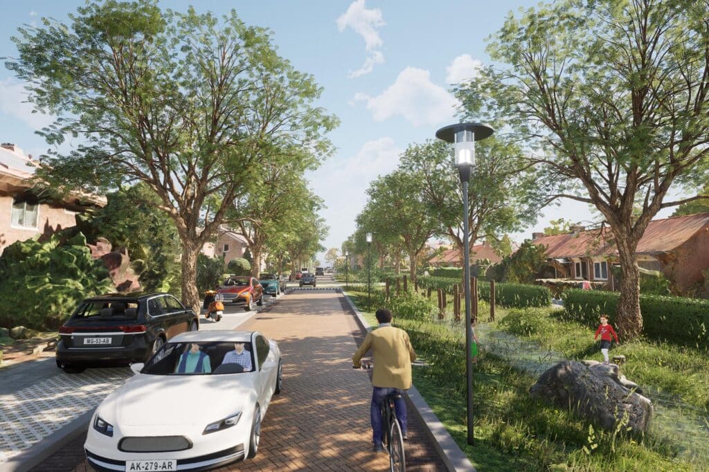 Een rustige woonstraat met veel bomen, waar auto's geparkeerd staan en een fietser over de weg rijdt, omgeven door groen en huizen.