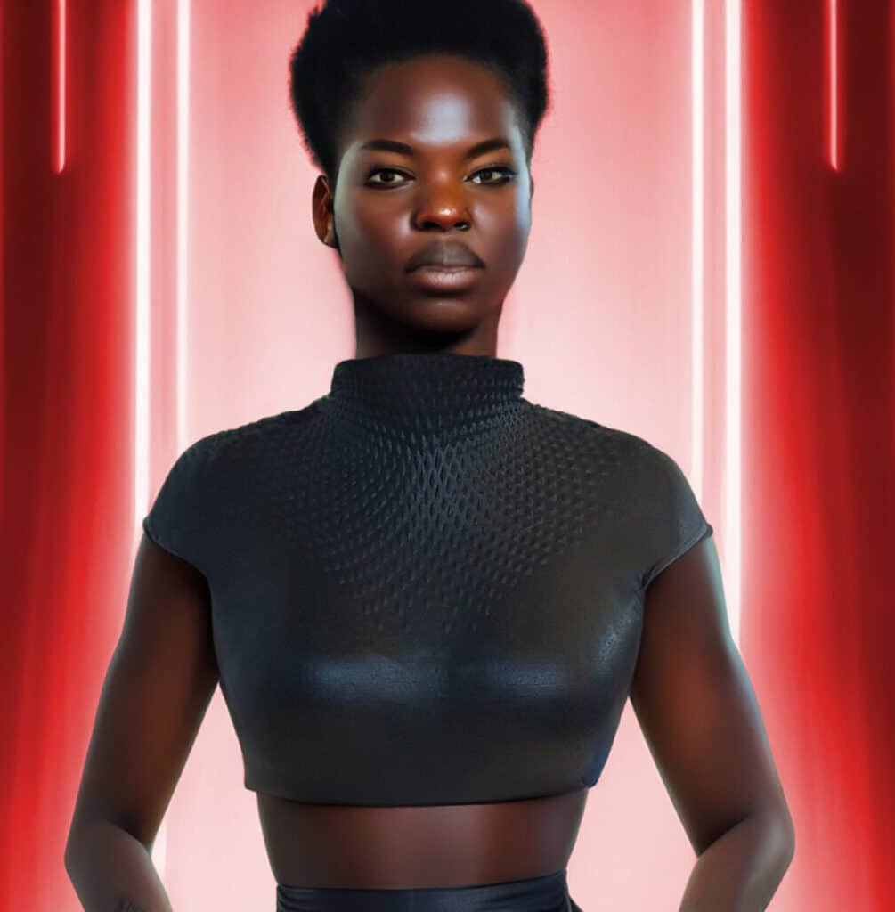 Futuristisch model met een donkere top gemaakt van mycellium.