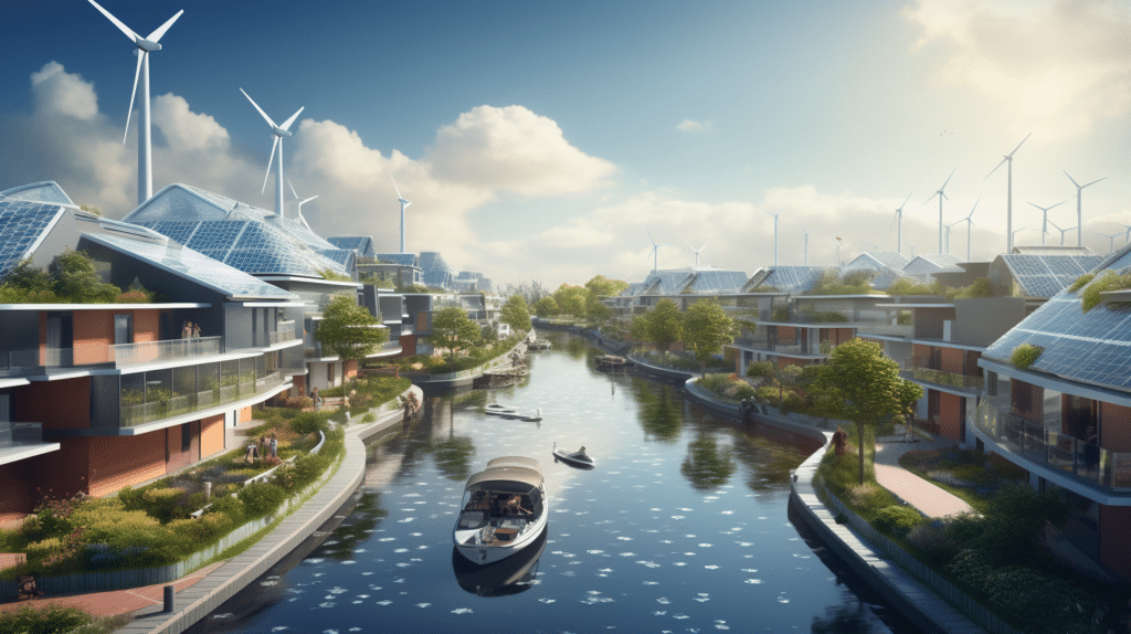 Futuristische woonwijk aan een kanaal met zonnepanelen, windmolens en moderne huizen, waar boten rustig varen onder een zonnige hemel.