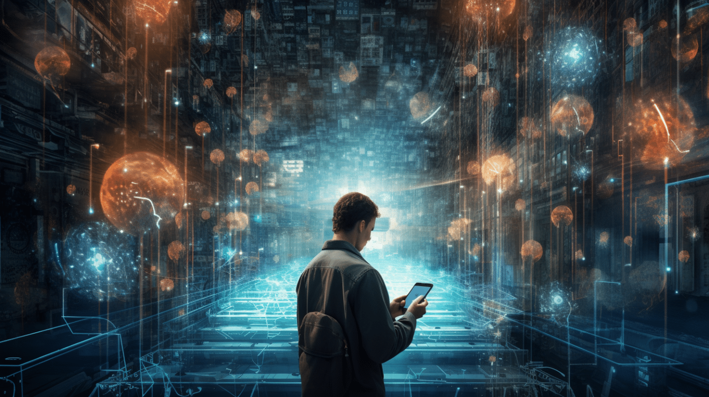 Man staand in een digitale wereld met zwevende hologrammen met een tablet in zijn handen.