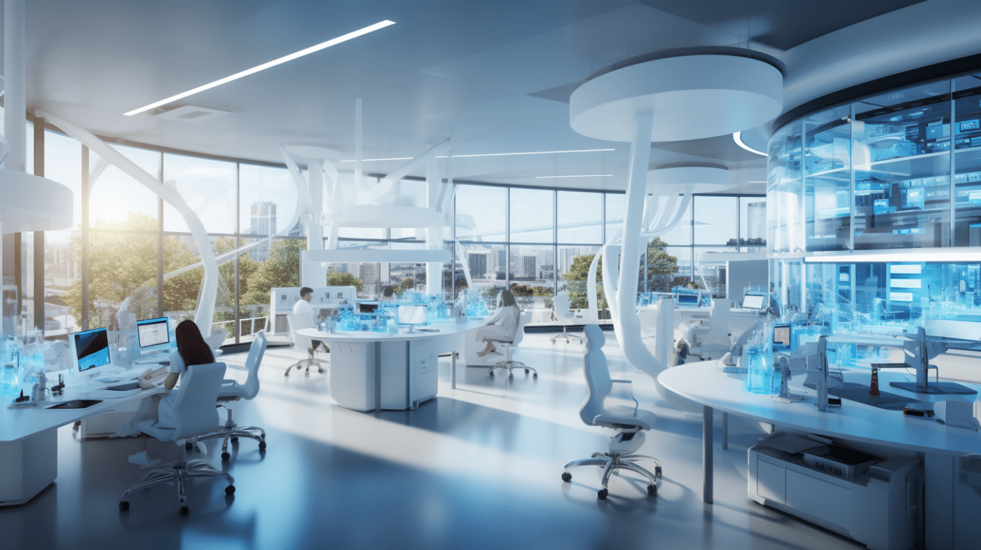 Futuristisch laboratorium met veel natuurlijk licht, waar wetenschappers aan high-tech apparatuur werken, omgeven door glazen wanden met uitzicht op een stad.