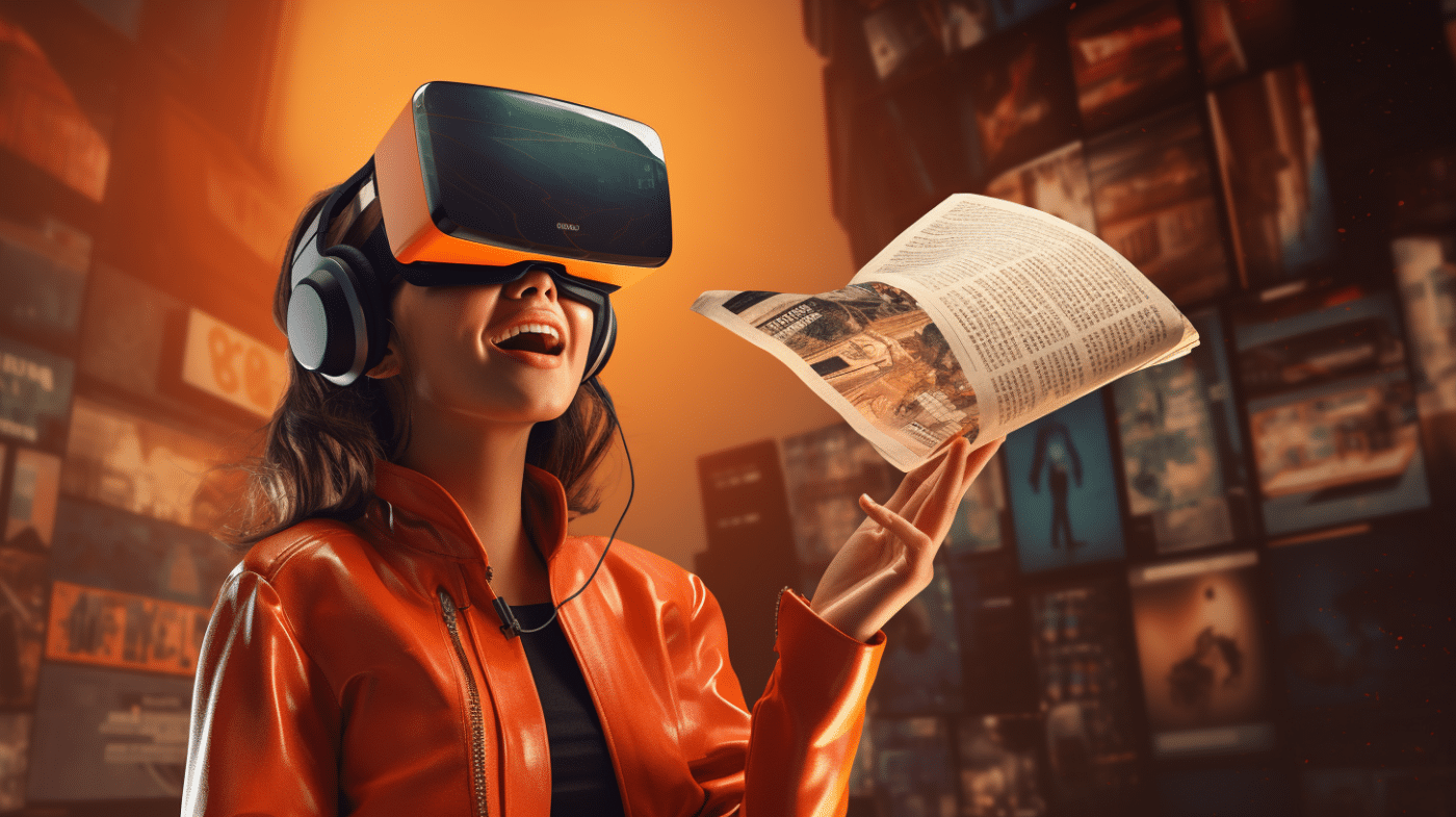 New digital society banner meisje krant 3d bril.