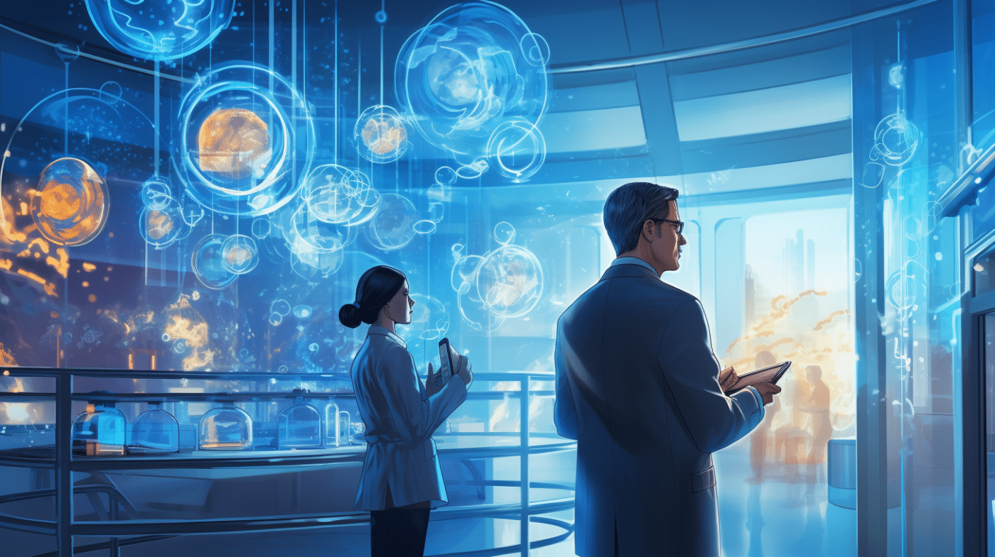 Wetenschappers in een futuristisch laboratorium omringd door zwevende holografische displays met wetenschappelijke gegevens en diagrammen.