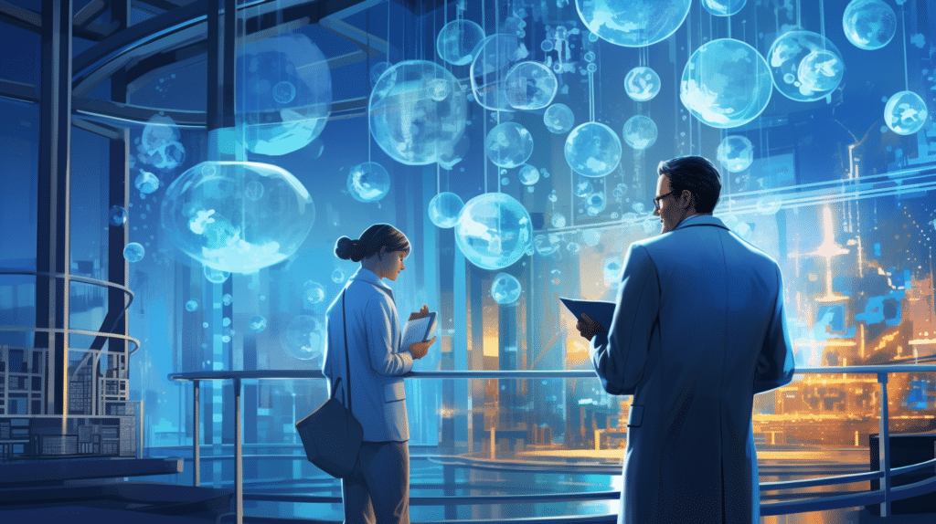 Twee wetenschappers in een high-tech laboratorium, omgeven door blauwe, zwevende hologrammen en wetenschappelijke displays.