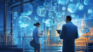 Twee wetenschappers in een high-tech laboratorium, omgeven door blauwe, zwevende hologrammen en wetenschappelijke displays.