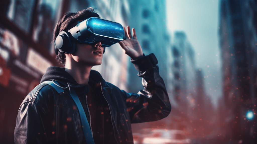 Jongeman staat in een stedelijke omgeving en draagt een VR-headset. De achtergrond toont vervaagde stadsgebouwen, terwijl hij opgaat in een virtuele ervaring.