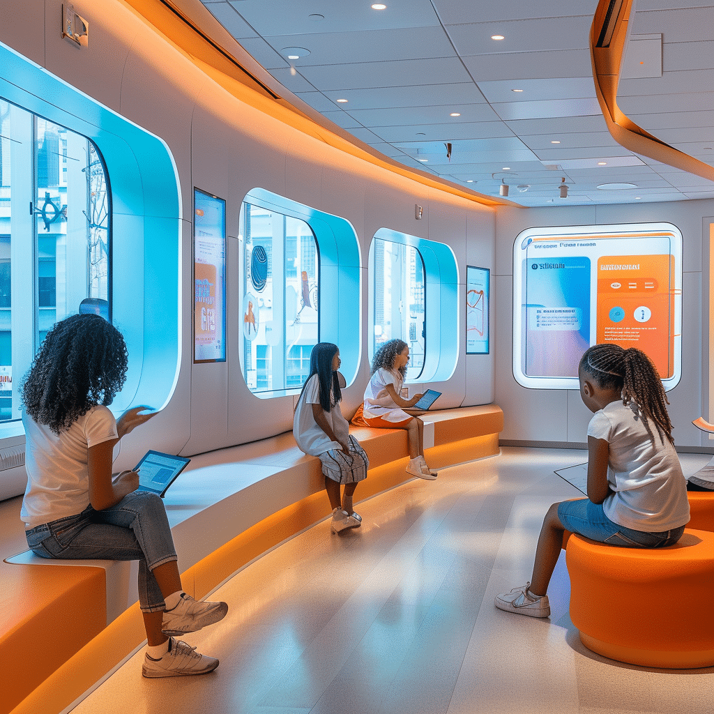 Een groep kinderen zit in een moderne, futuristische ruimte met feloranje en witte accenten. Ze gebruiken digitale apparaten zoals tablets terwijl ze op gebogen, oranje en witte zitplaatsen zitten. De ruimte heeft grote ramen en interactieve digitale schermen aan de muren, wat een high-tech en educatieve sfeer creëert.