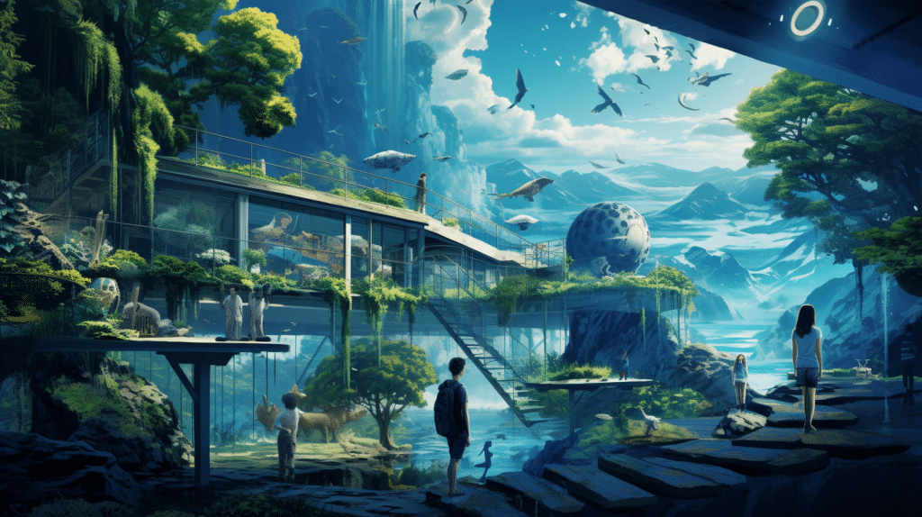 Futuristisch landschap met mensen die een groene, weelderige omgeving verkennen, met zwevende eilanden, exotische dieren en geavanceerde architectuur onder een heldere blauwe hemel.