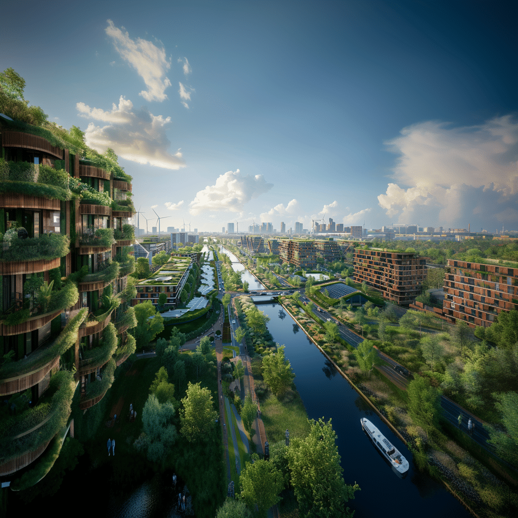 Klimaat bestendige stad van de toekomst met groen op appartementsgebouwen.