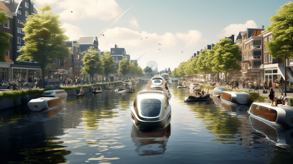 Futuristisch stadsbeeld met zelfvarende boten op een kanaal, omringd door moderne gebouwen en groene bomen langs de kade.