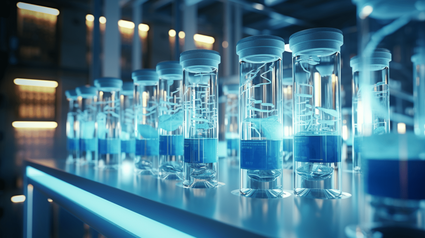 Rij van reageerbuisjes in een futuristisch lab om DNA te testen.