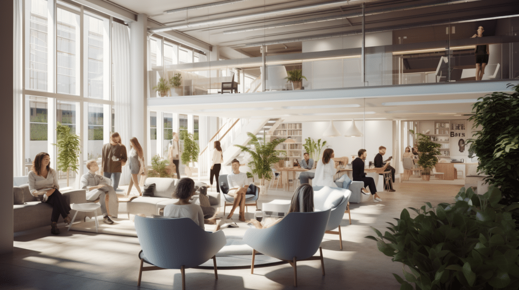Lichte, moderne kantoorruimte met grote ramen, waar mensen informeel samenkomen en werken, omgeven door veel groen en comfortabele zitplaatsen.
