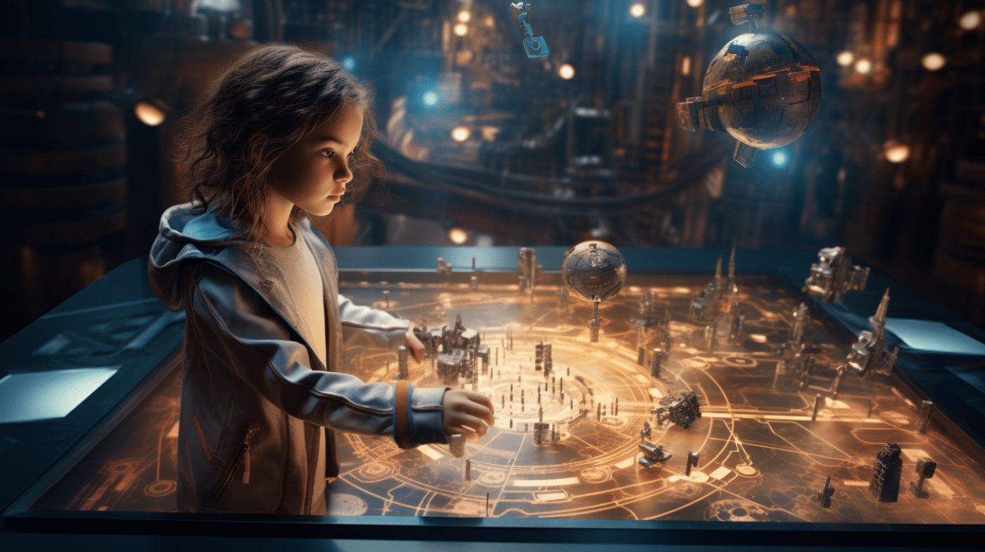 Een jong meisje staat bij een interactieve tafel met een holografische stadslandschap van een futuristische game.