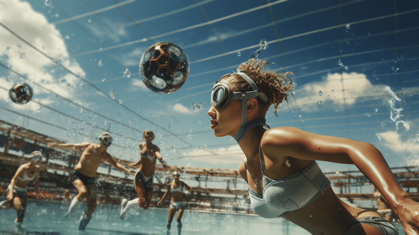 Atleten spelen een intens watersportspel in een futuristisch zwembad, met zwevende ballen en zonlicht dat door het water schijnt.