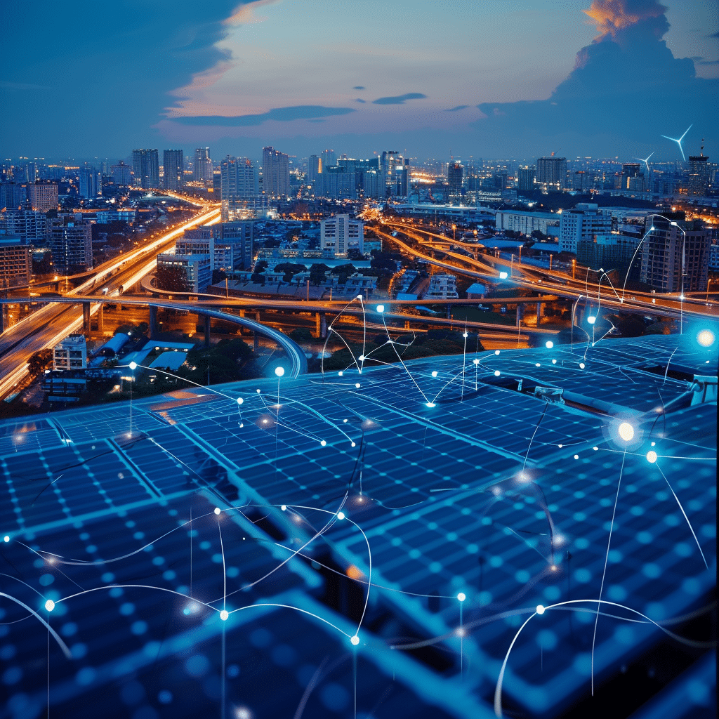 Stadspanorama bij schemering met zonnepaneelinstallatie op de voorgrond, verbonden door digitale netwerken, en verlichte snelwegen die door de stad kronkelen.