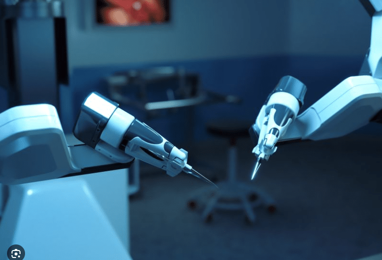 Chirurgische robotarmen met precisie-instrumenten in een operatiekamer, klaar voor een delicate ingreep.