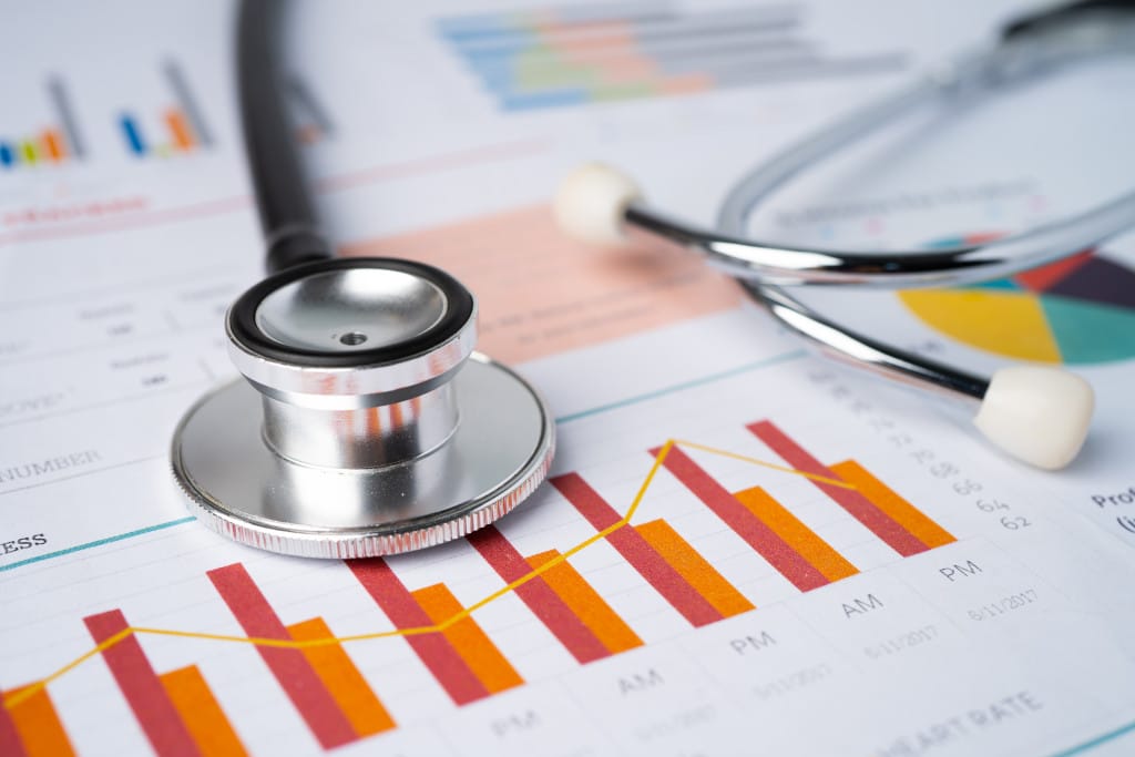 Stethoscope on charts and graphs spreadsheet paper, Finance, Account, Statistics, Investment, Analytic research data economy and Business company concept.