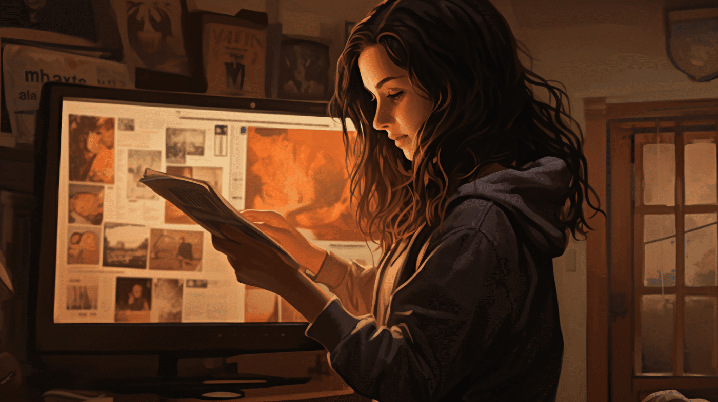 Een jonge vrouw leest nieuws op een tablet in een warm verlichte kamer, met een groot scherm vol afbeeldingen op de achtergrond.