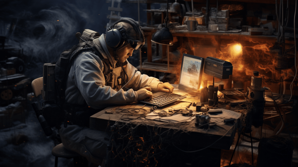 Een militair in gevechtsuitrusting werkt geconcentreerd op een laptop in een donkere, chaotische omgeving, omringd door technische apparatuur en dreigende achtergrondscènes.