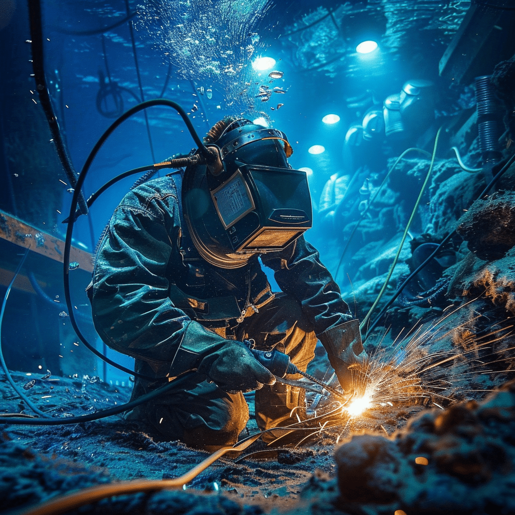 Een duiker in een zware uitrusting voert onderwaterlaswerkzaamheden uit in een blauw verlichte, diepzeesomgeving.